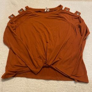 Cato Rust Orange Cold-Shoulder Knot Front Long Sleeve Top